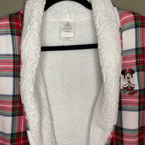 Disney Christmas Plaid Minnie Mouse Sherpa Fleece long sweater Wrap Small - Picture 1 of 12